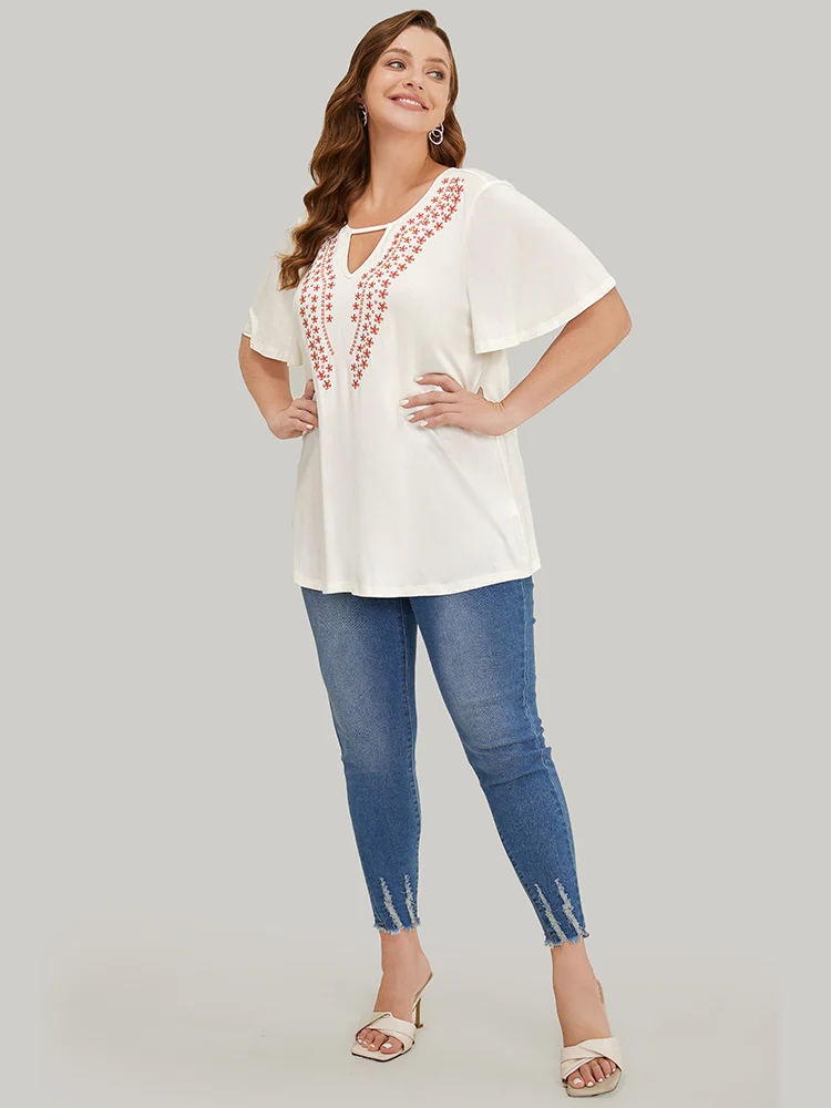 Floral Embroidered Ruffle Sleeve Keyhole Neck T-shirt - Image 4