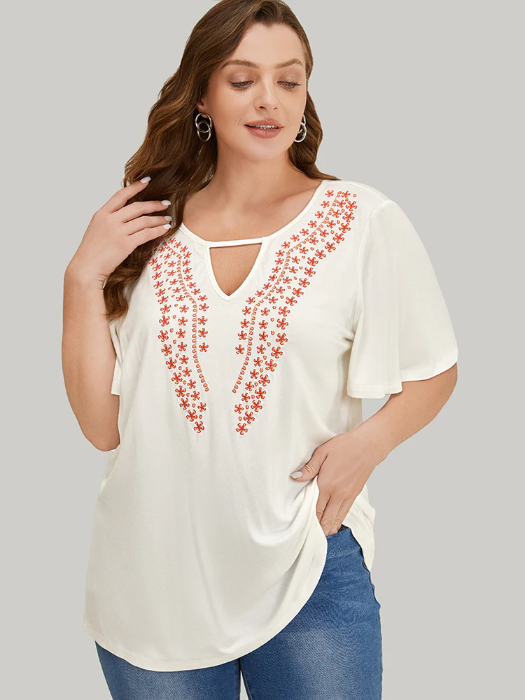 Floral Embroidered Ruffle Sleeve Keyhole Neck T-shirt - Image 5