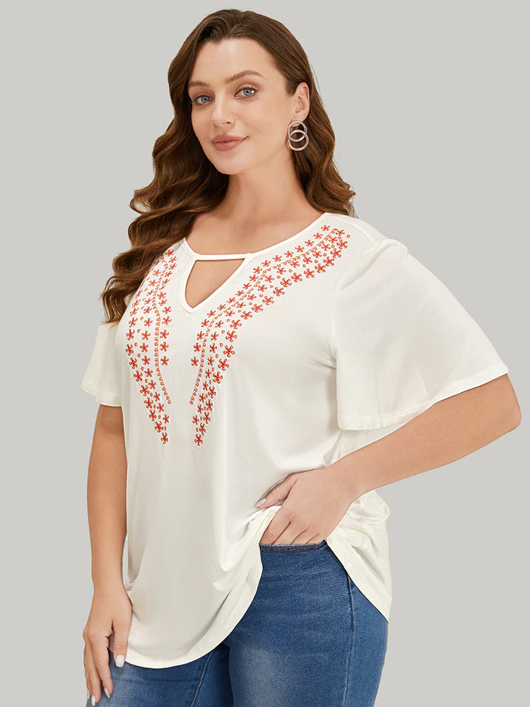 Floral Embroidered Ruffle Sleeve Keyhole Neck T-shirt - Image 6