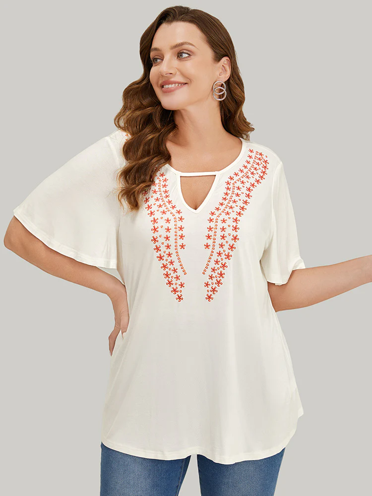 Floral Embroidered Ruffle Sleeve Keyhole Neck T-shirt - Image 7