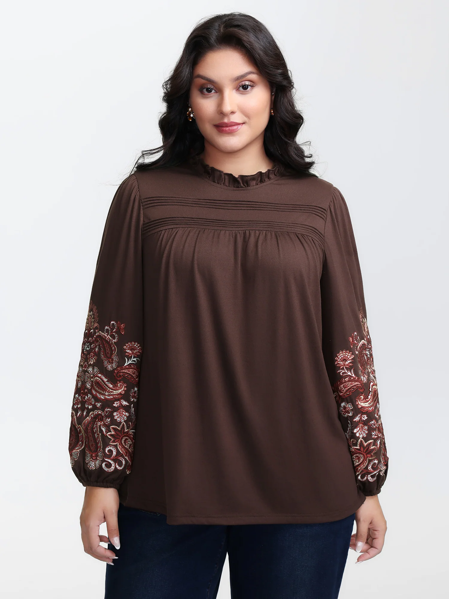 Floral Embroidered Ruffled Collar Top