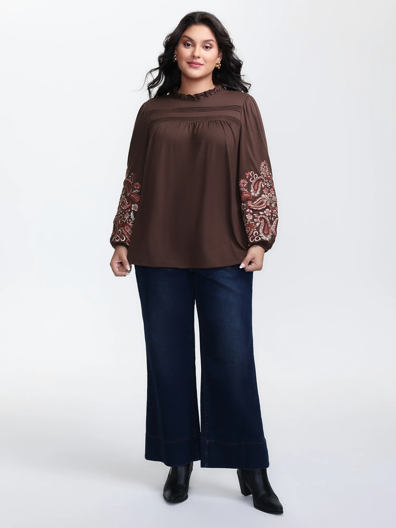 Floral Embroidered Ruffled Collar Top - Image 3