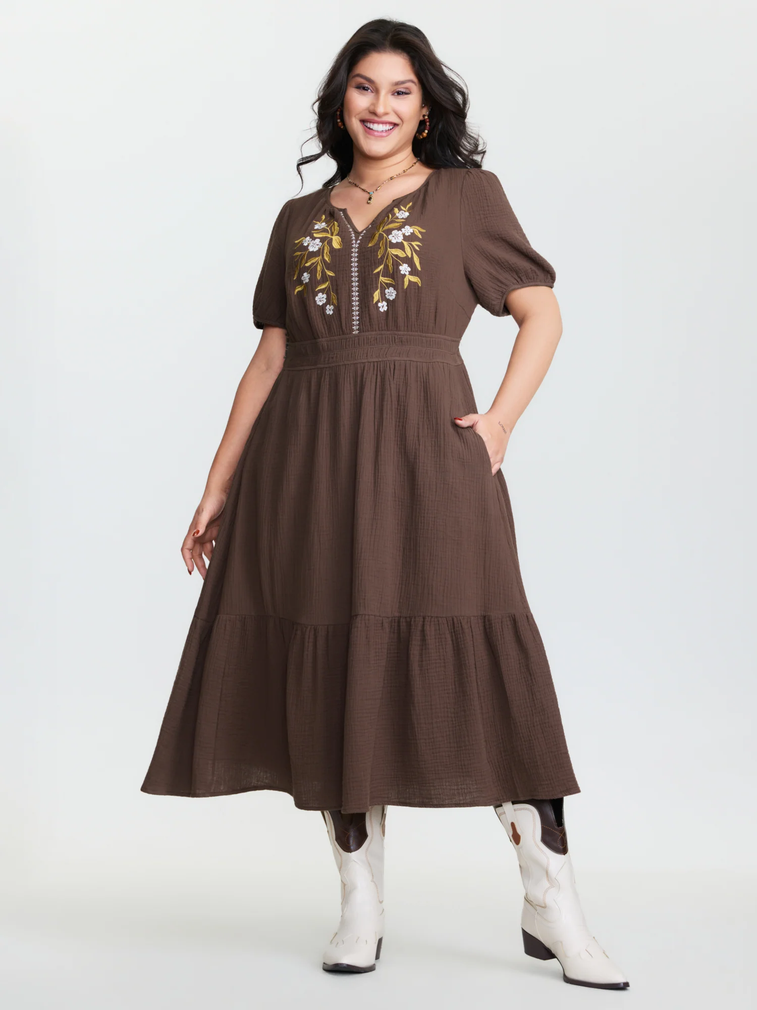 Cotton Floral Embroidered Shirred Waist Midi Dress - Image 2