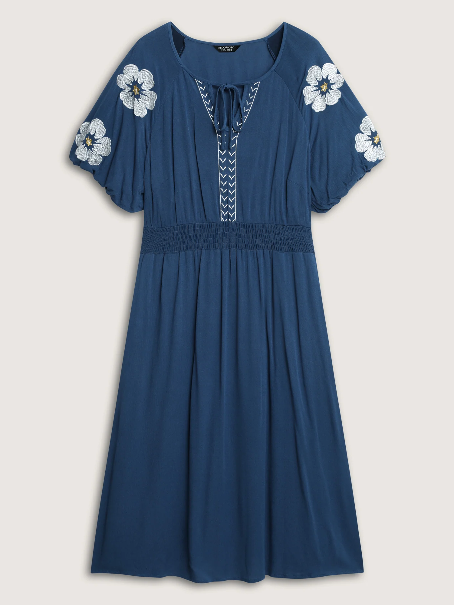 Floral Embroidered Shirred Waist Midi Dress - Image 7