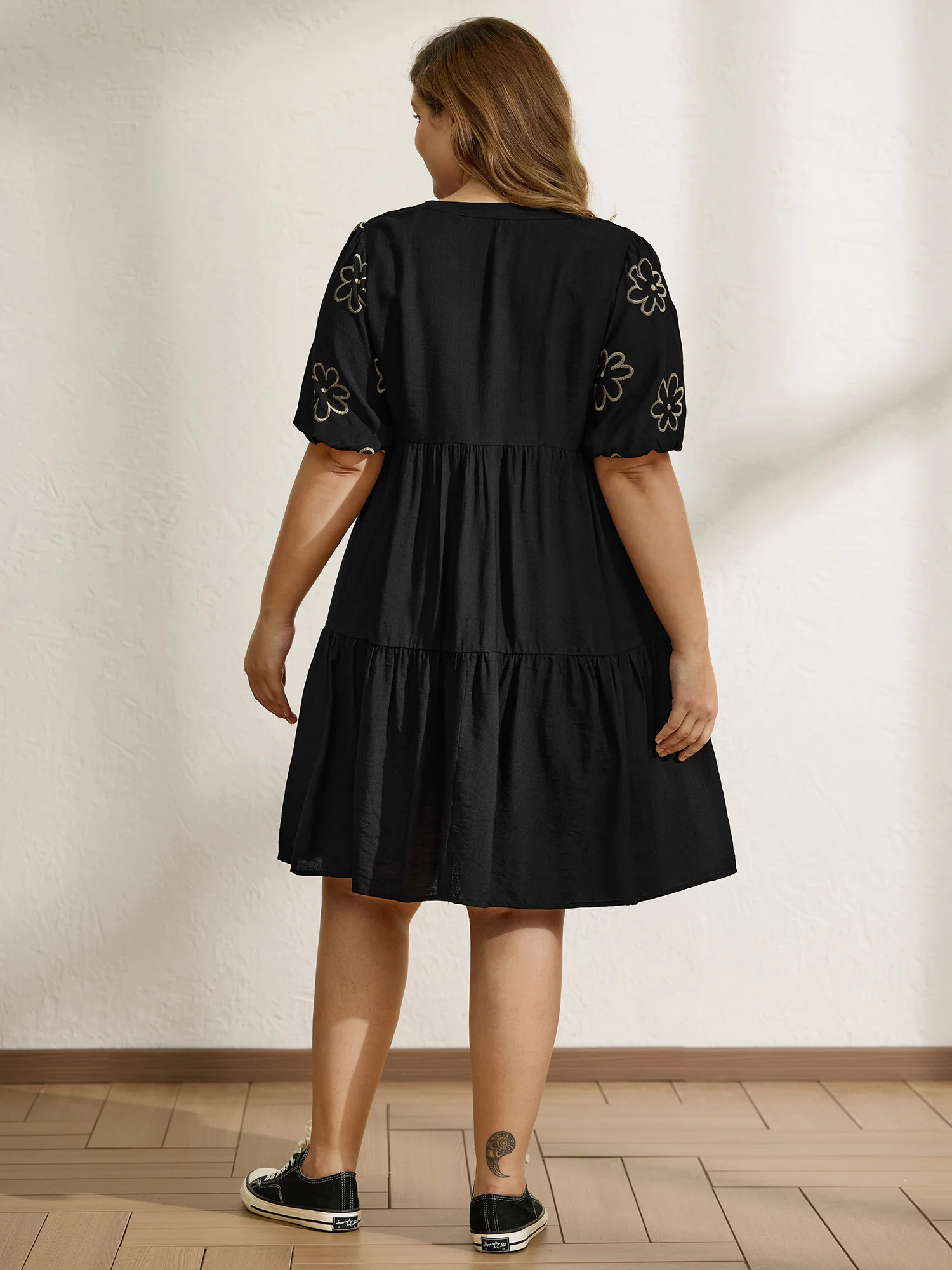 Floral Embroidered Sleeve A-Line Mini Dress - Image 4