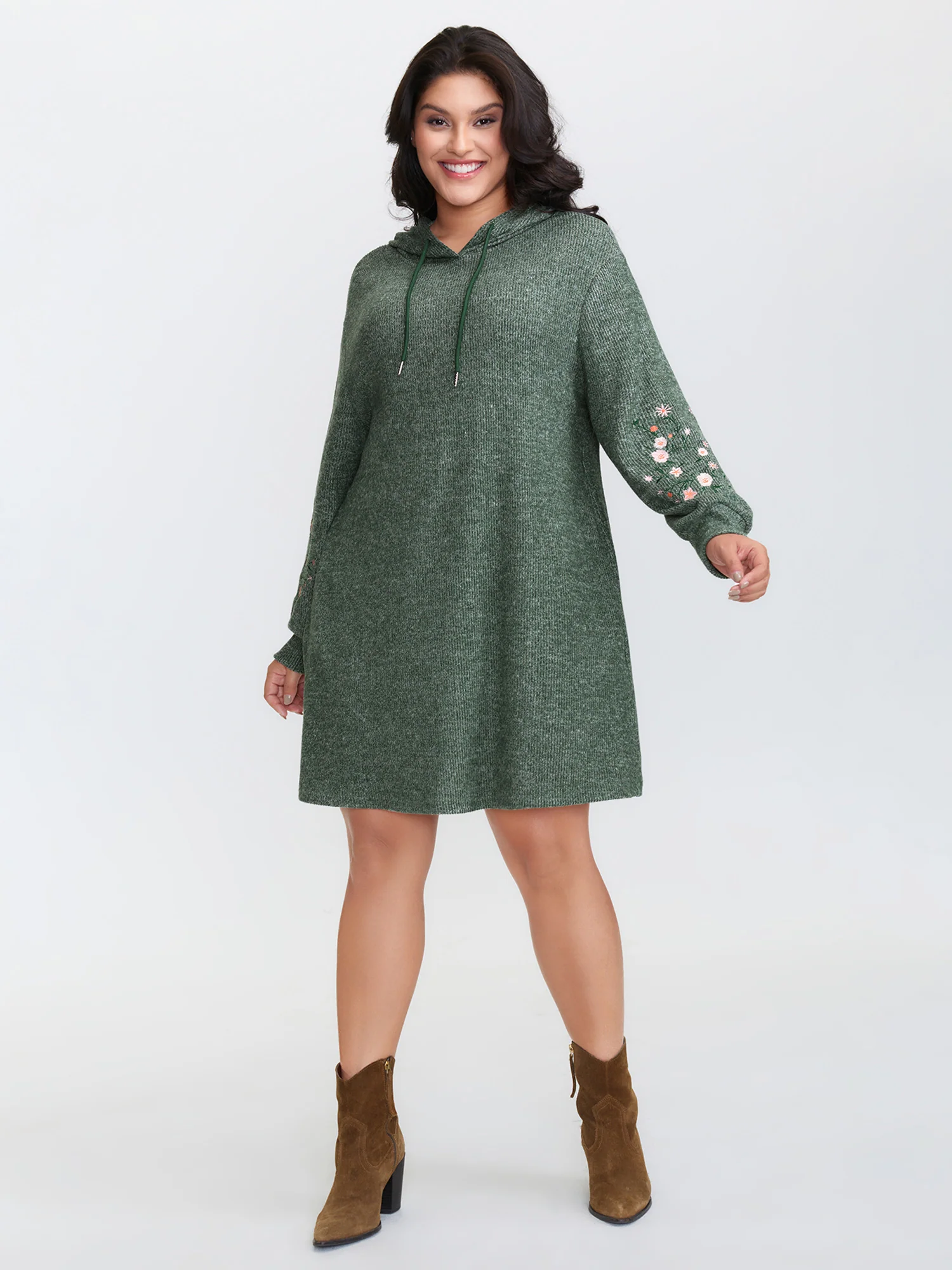 Floral Embroidered Sleeve Hooded Mini Dress - Image 3