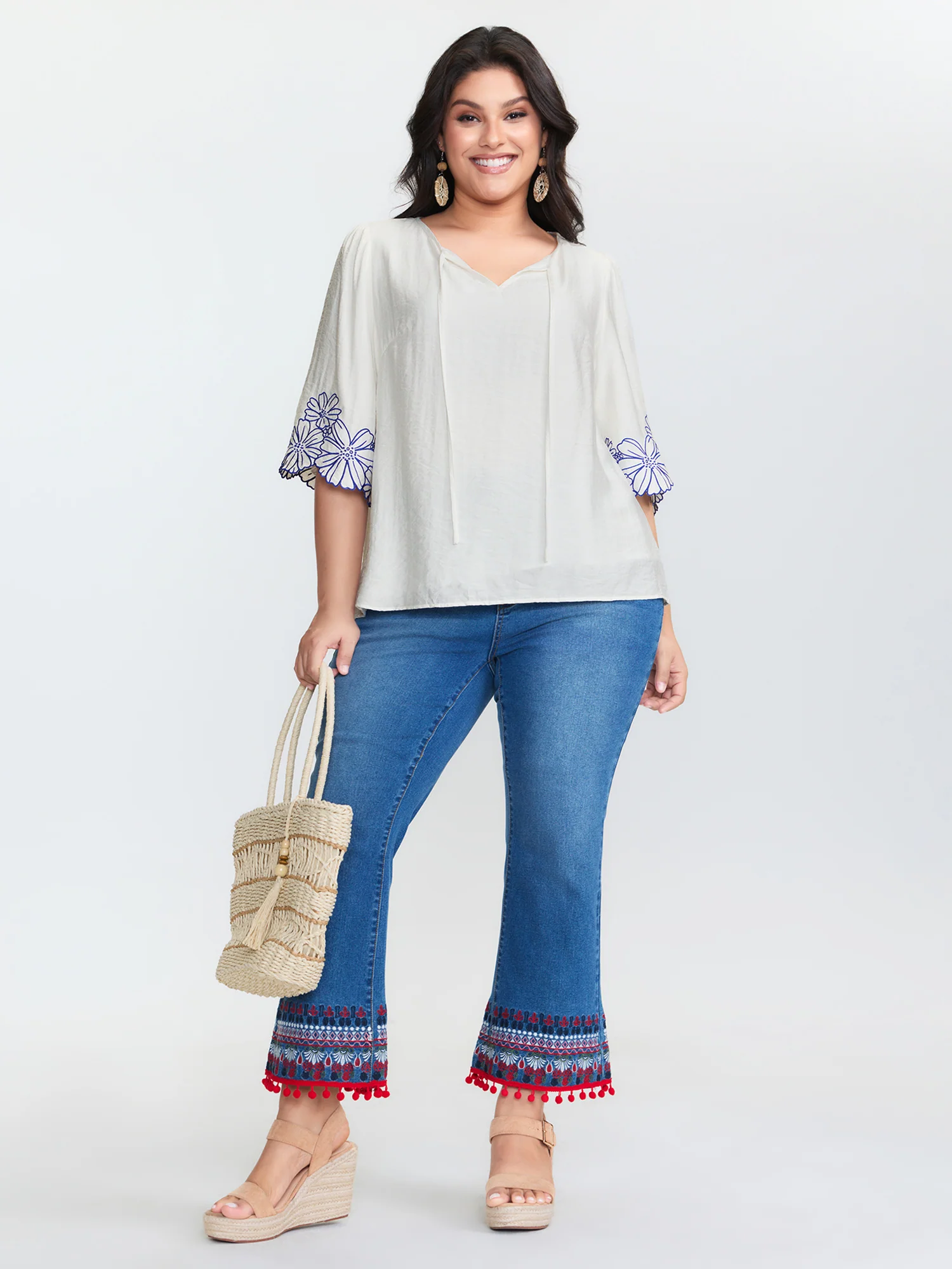 Floral Embroidered Sleeve Neck Keyhole Blouse - Image 3
