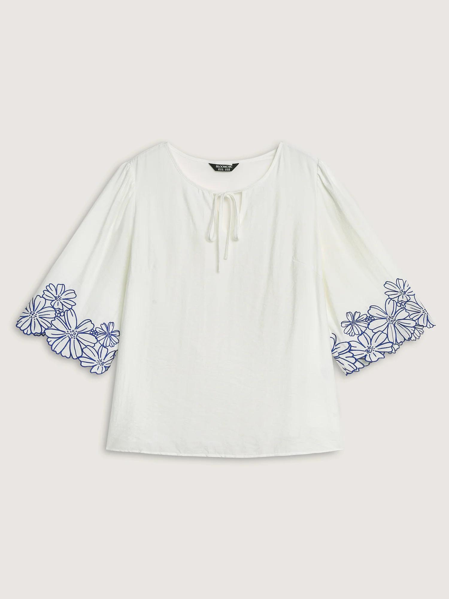 Floral Embroidered Sleeve Neck Keyhole Blouse - Image 7