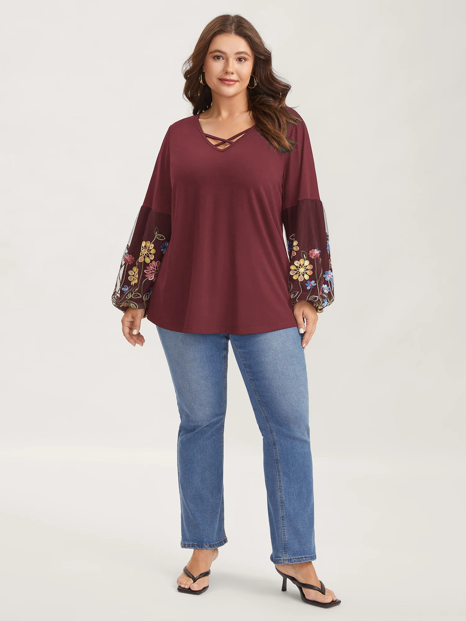 Floral Embroidered Sleeve Neck Tie-Up T-Shirt - Image 10