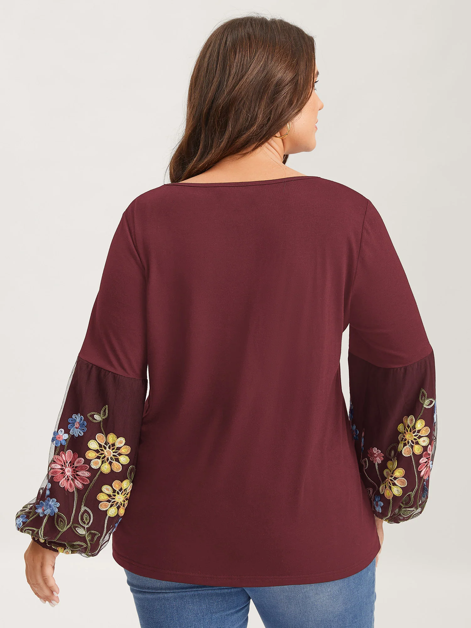 Floral Embroidered Sleeve Neck Tie-Up T-Shirt - Image 11