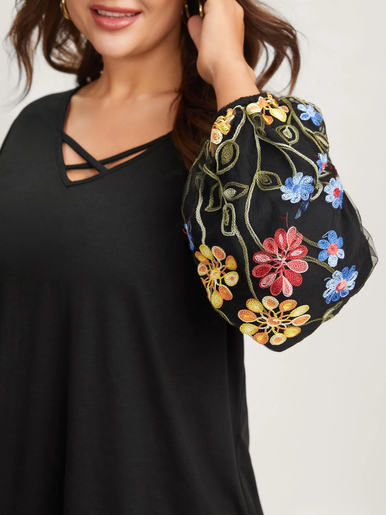 Floral Embroidered Sleeve Neck Tie-Up T-Shirt - Image 2