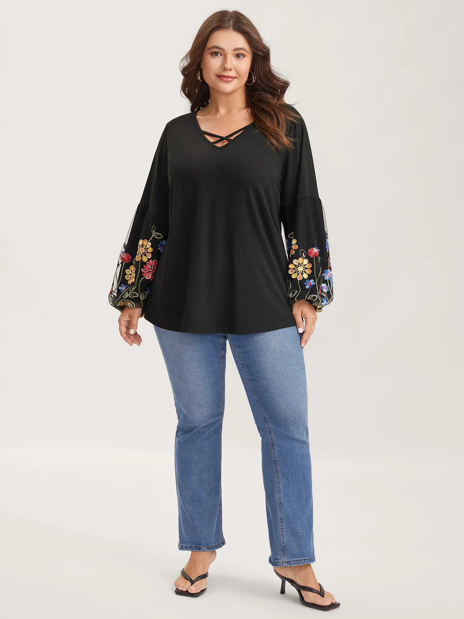 Floral Embroidered Sleeve Neck Tie-Up T-Shirt - Image 3