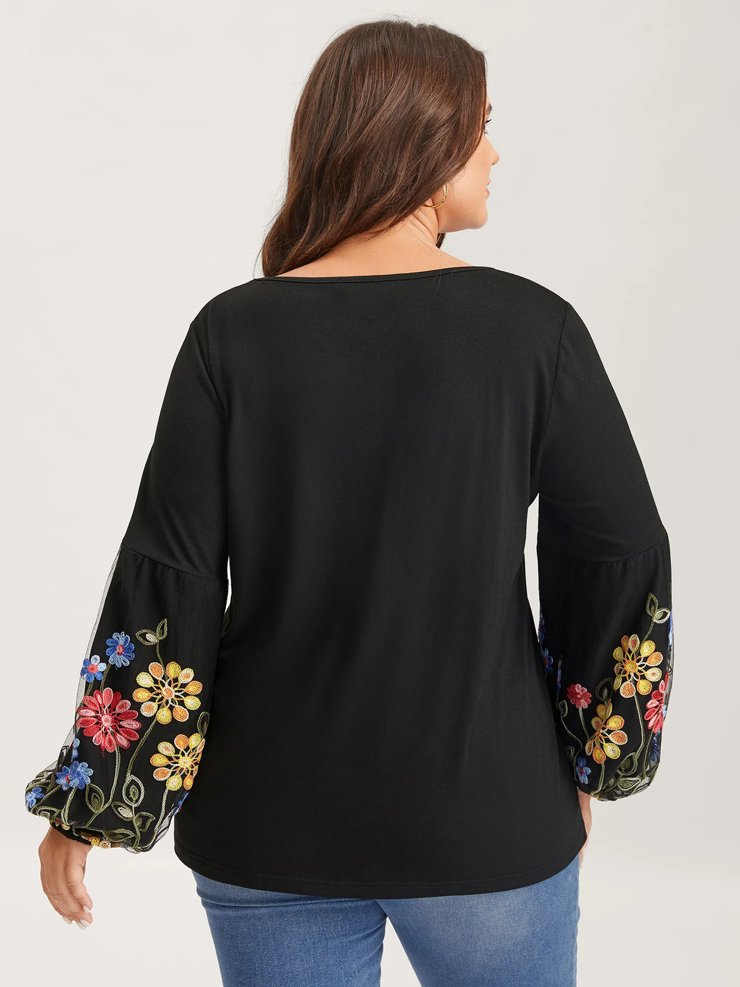 Floral Embroidered Sleeve Neck Tie-Up T-Shirt - Image 4