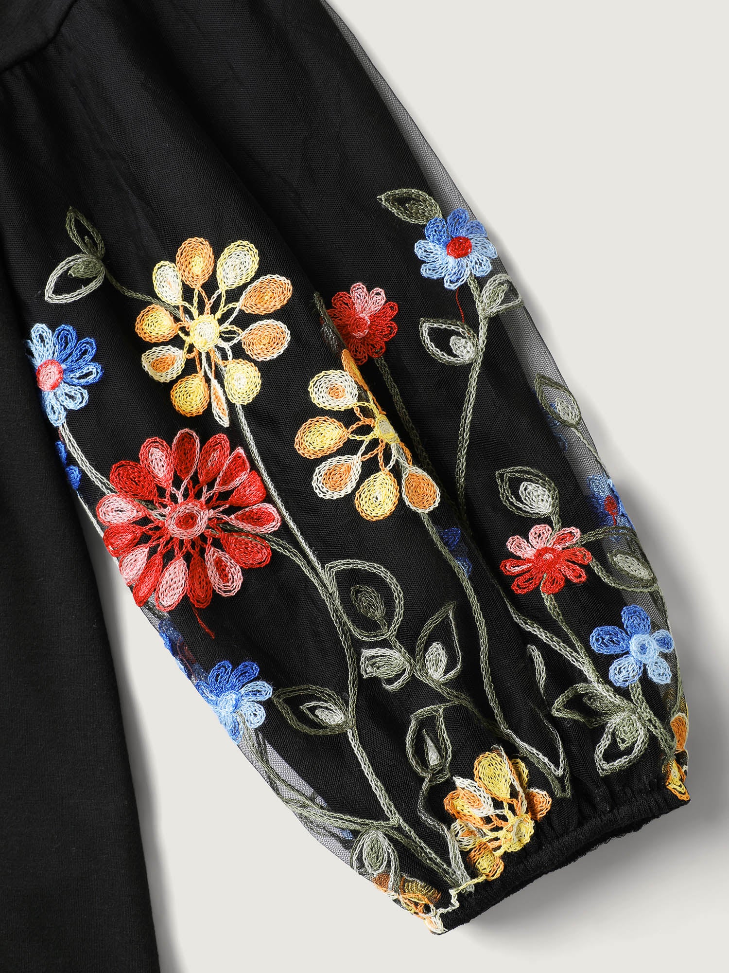 Floral Embroidered Sleeve Neck Tie-Up T-Shirt - Image 6