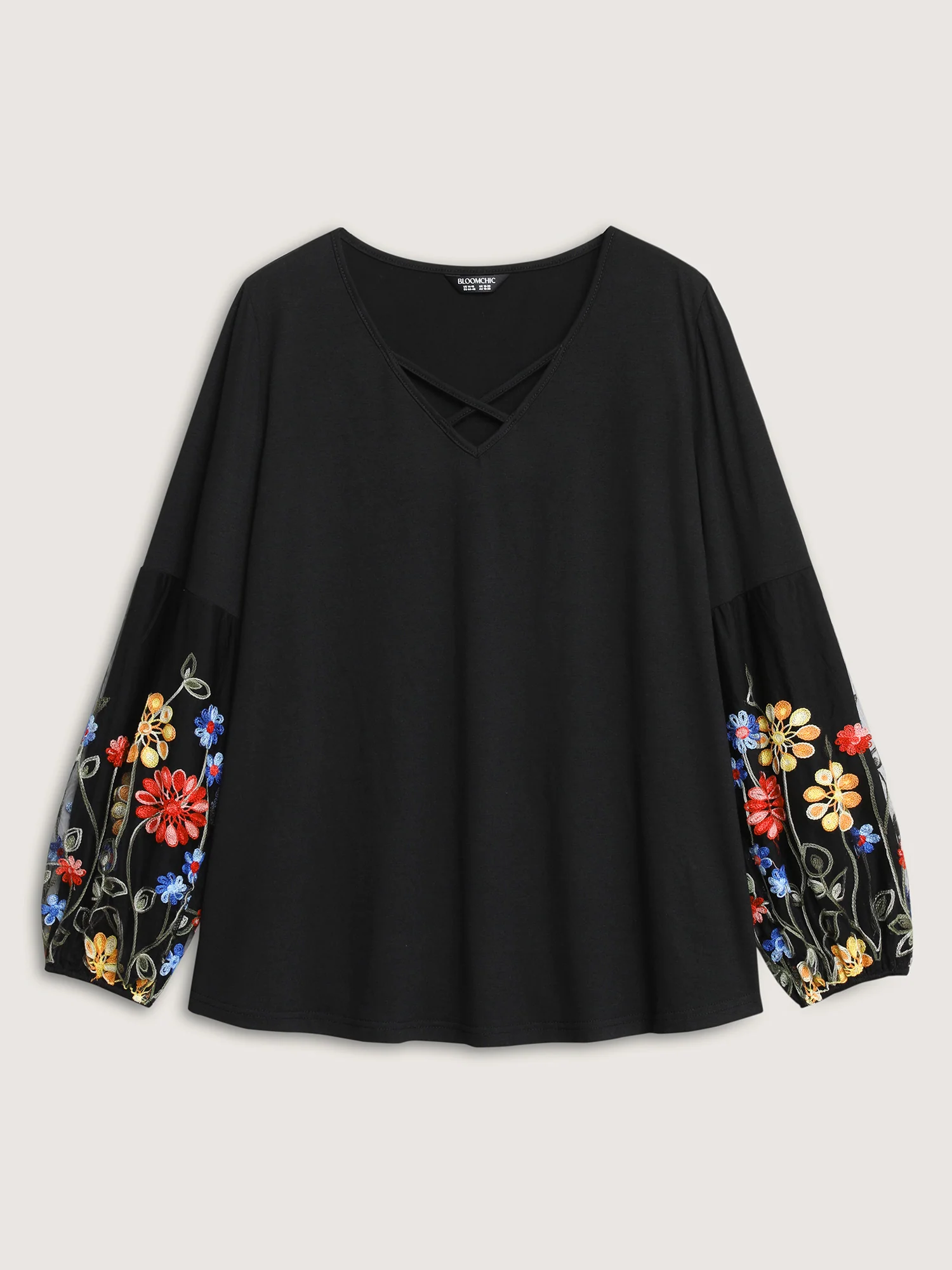 Floral Embroidered Sleeve Neck Tie-Up T-Shirt - Image 7