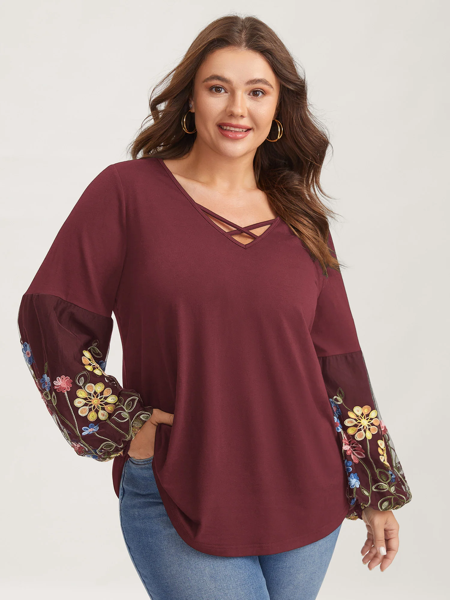 Floral Embroidered Sleeve Neck Tie-Up T-Shirt - Image 8