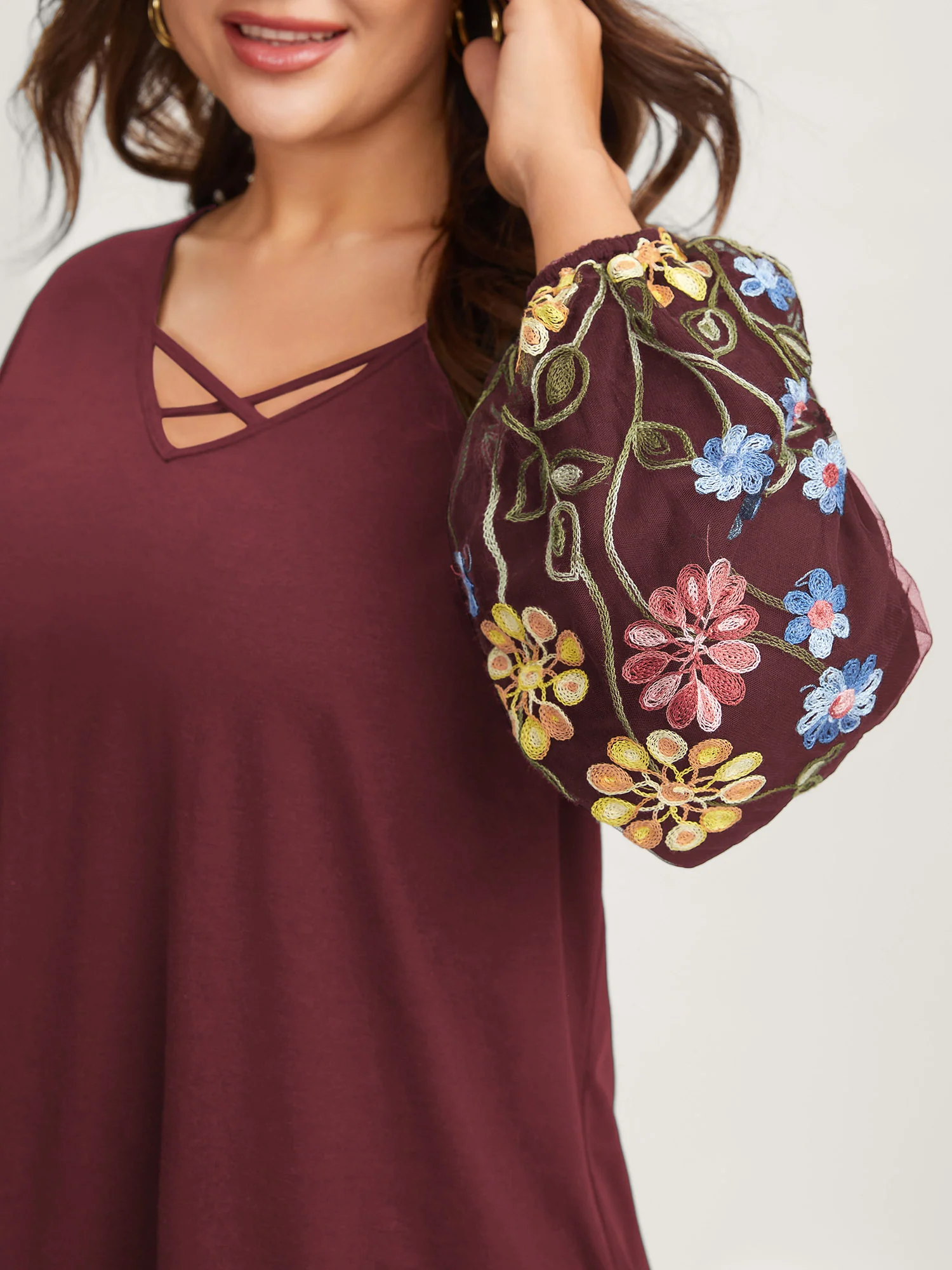 Floral Embroidered Sleeve Neck Tie-Up T-Shirt - Image 9
