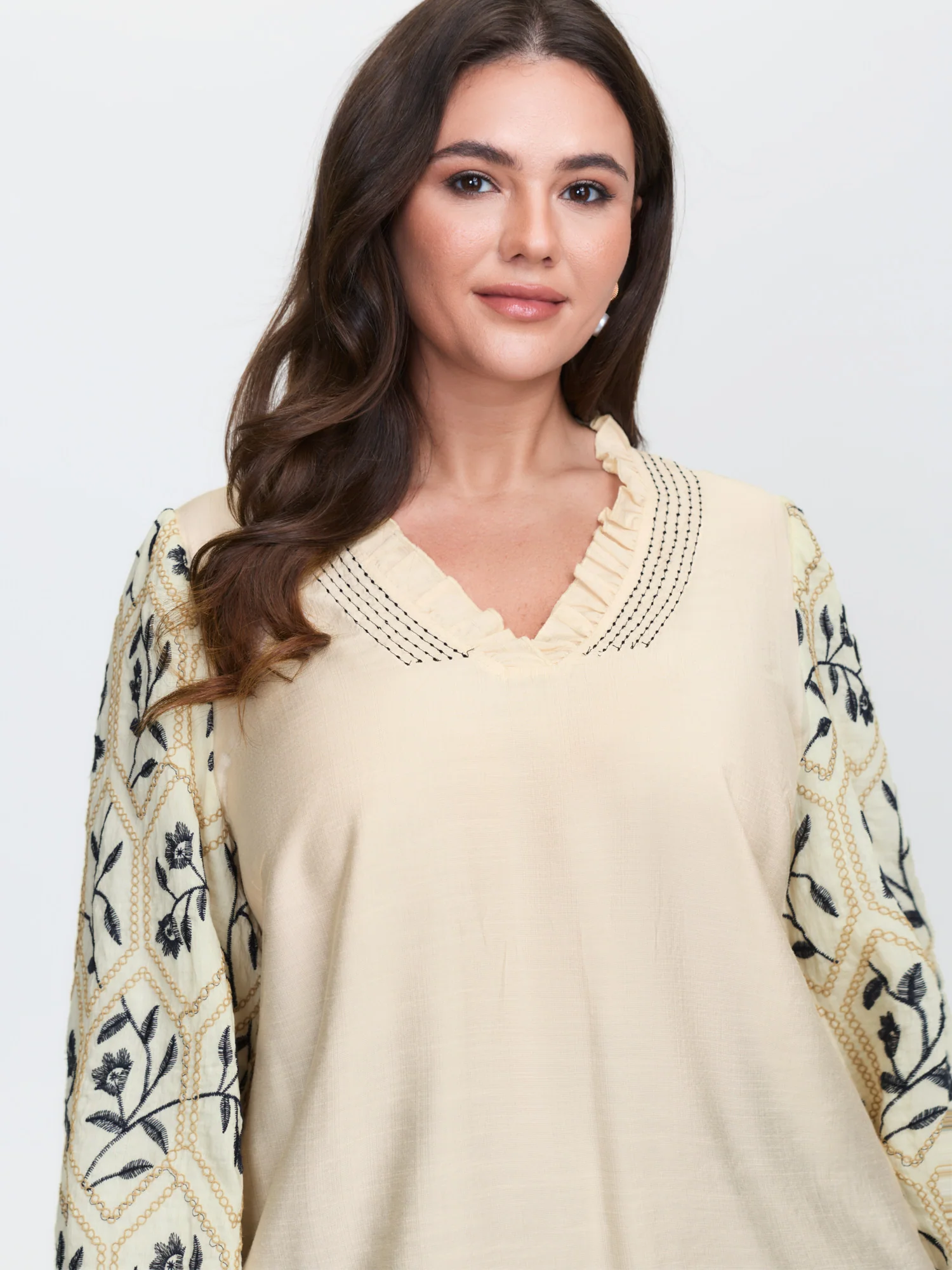 Floral Embroidered Sleeve Rayon Blouse - Image 2
