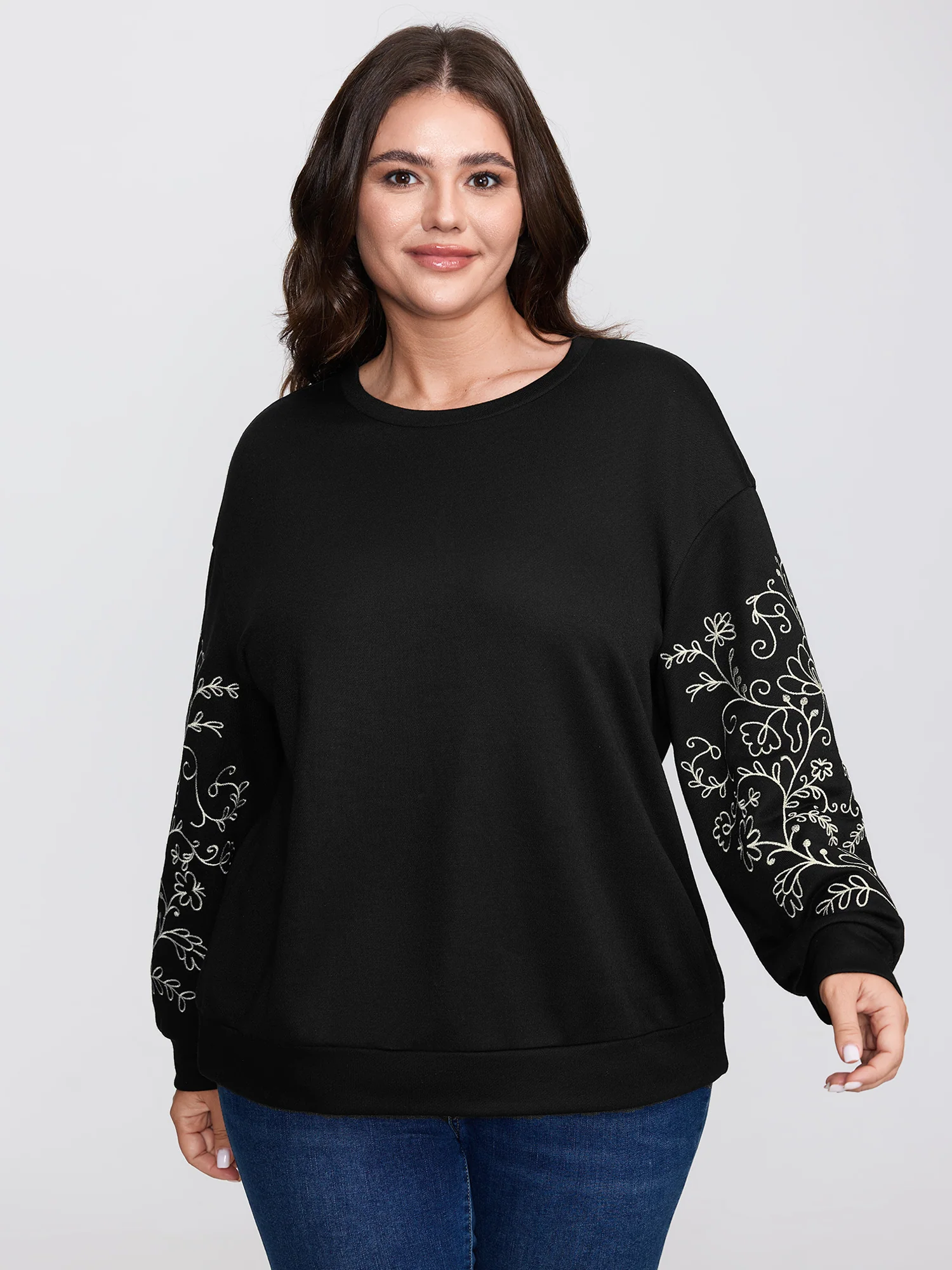 Floral Embroidered Sleeve Relaxed-Fit Sweatshirt - Image 2