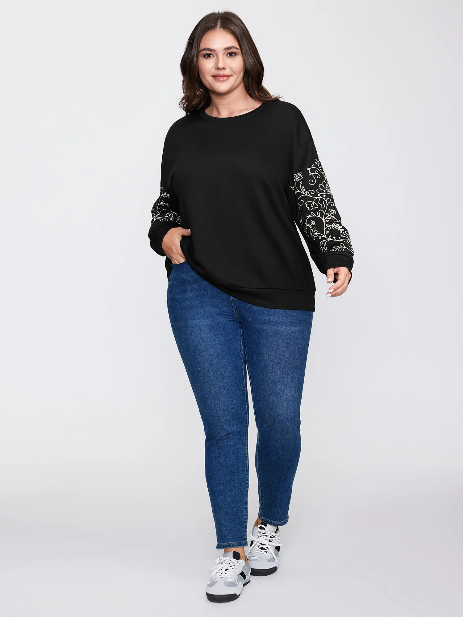 Floral Embroidered Sleeve Relaxed-Fit Sweatshirt - Image 3