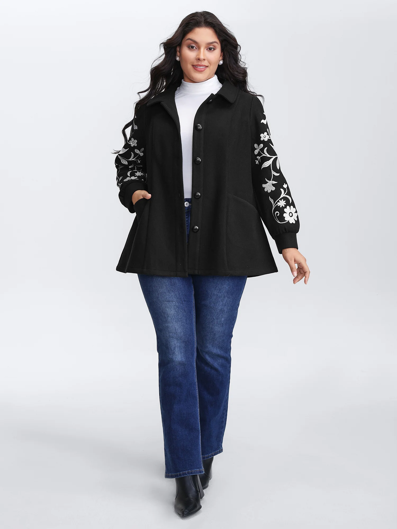 Floral Embroidered Sleeve Slant Pockets Coat - Image 3