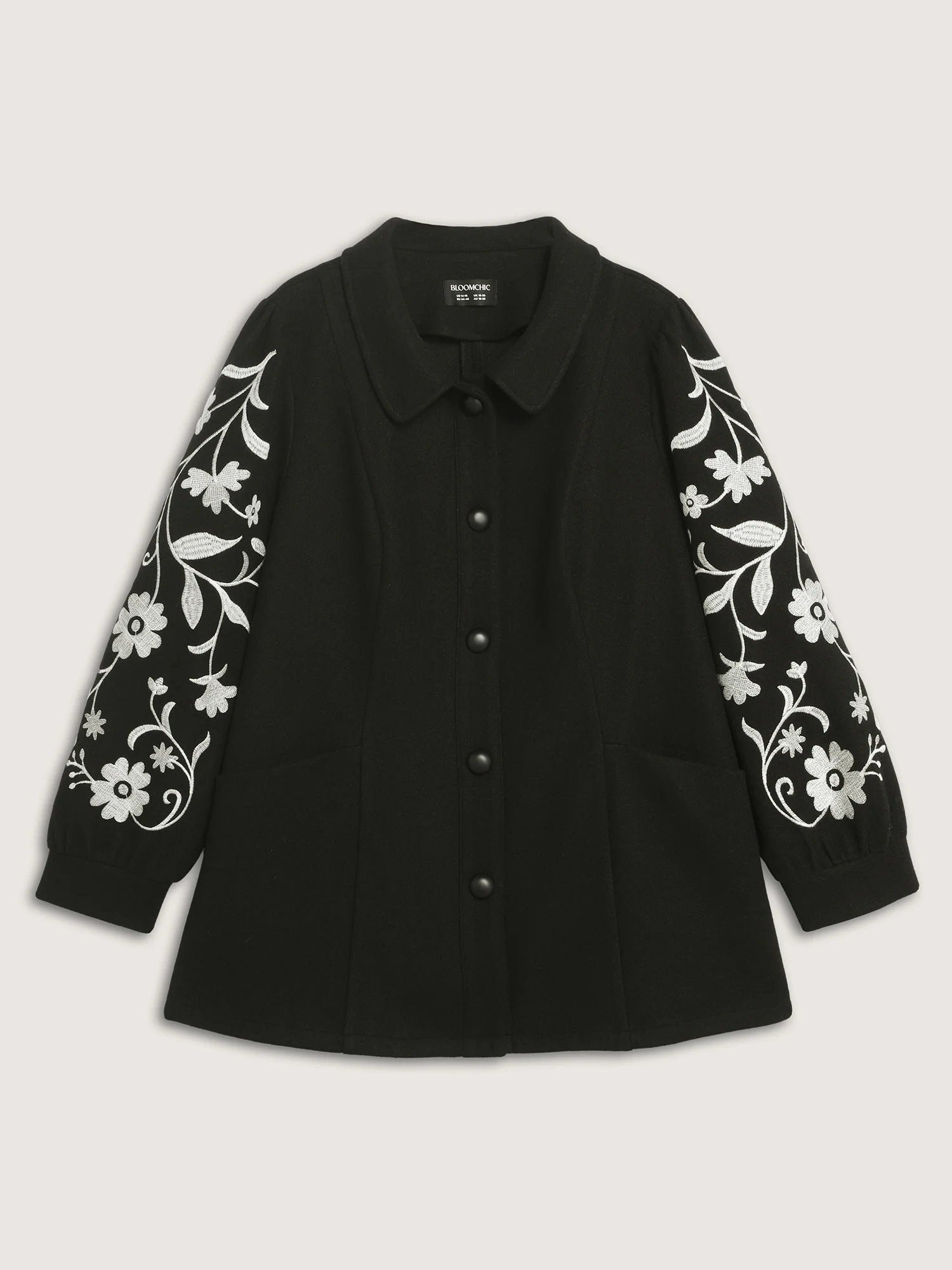Floral Embroidered Sleeve Slant Pockets Coat - Image 8