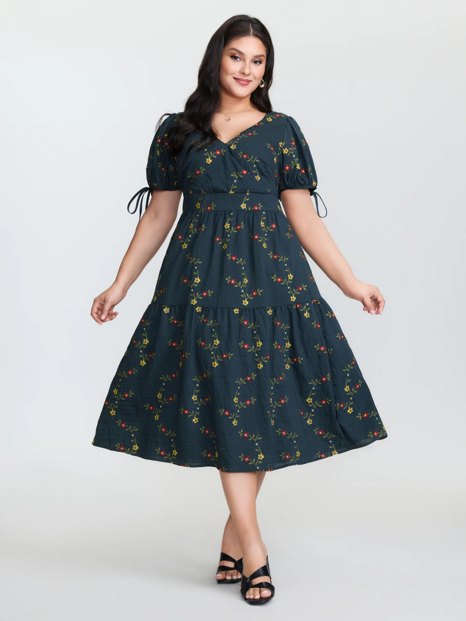 Floral Embroidered Sleeve Tie Midi Dress - Image 3