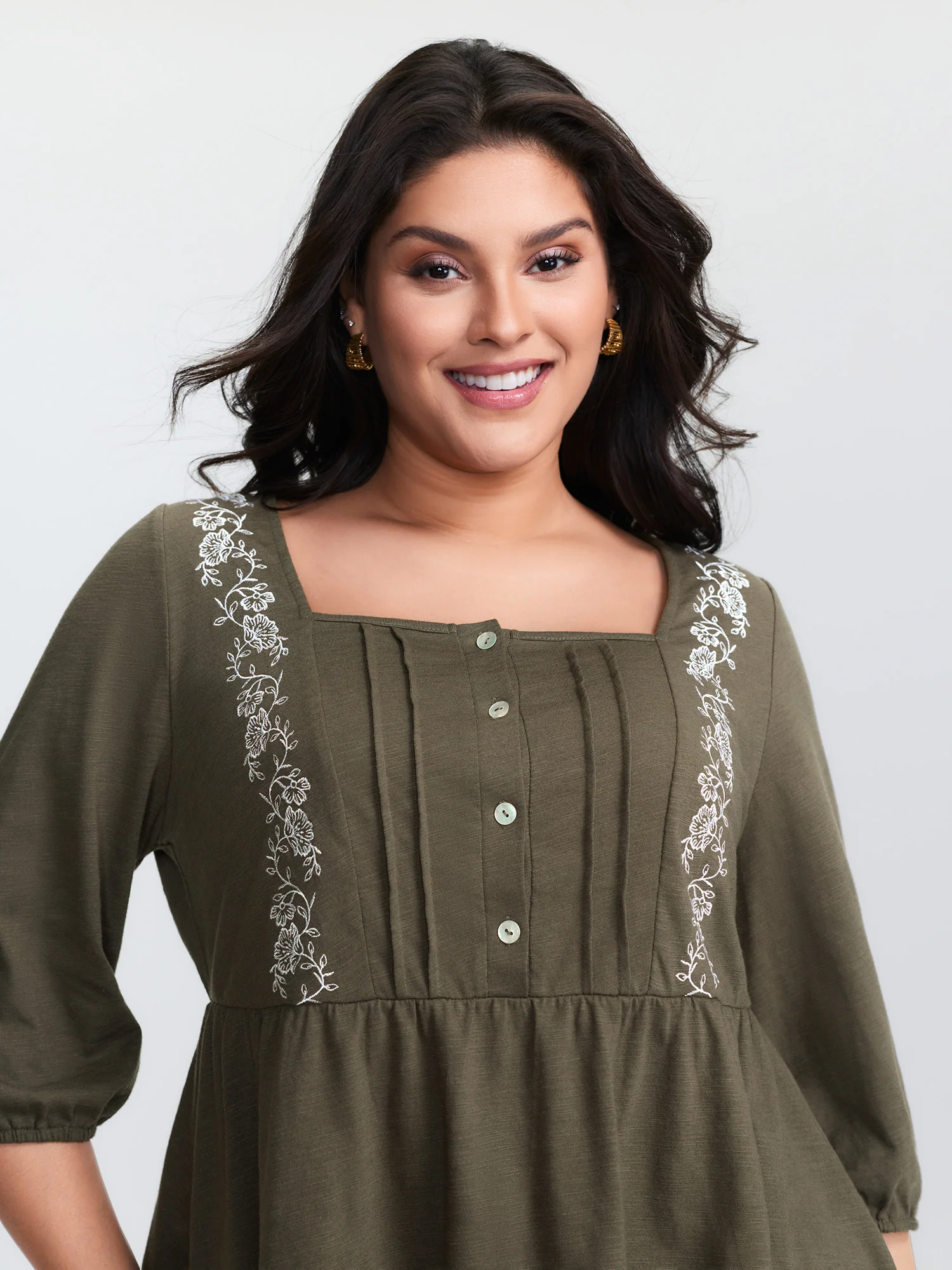 Floral Embroidered Square Neckline Button Top - Image 3
