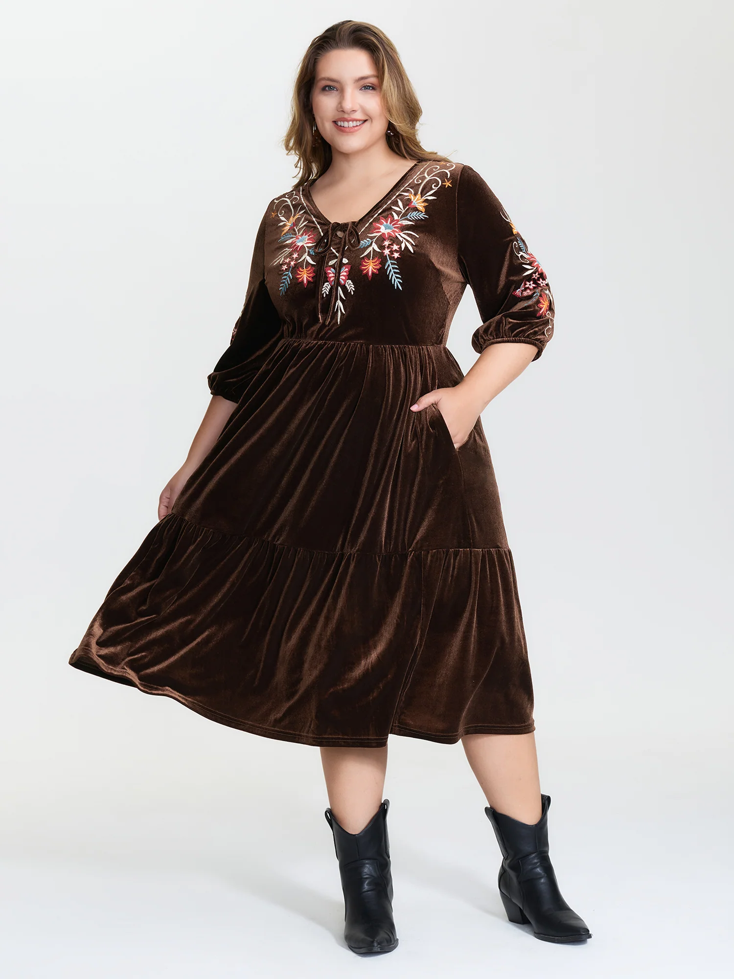 Floral Embroidered Stretchy Waist Pockets Midi Dress - Image 2