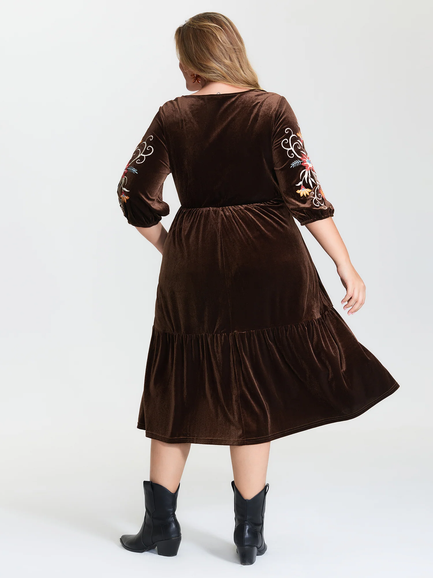 Floral Embroidered Stretchy Waist Pockets Midi Dress - Image 4