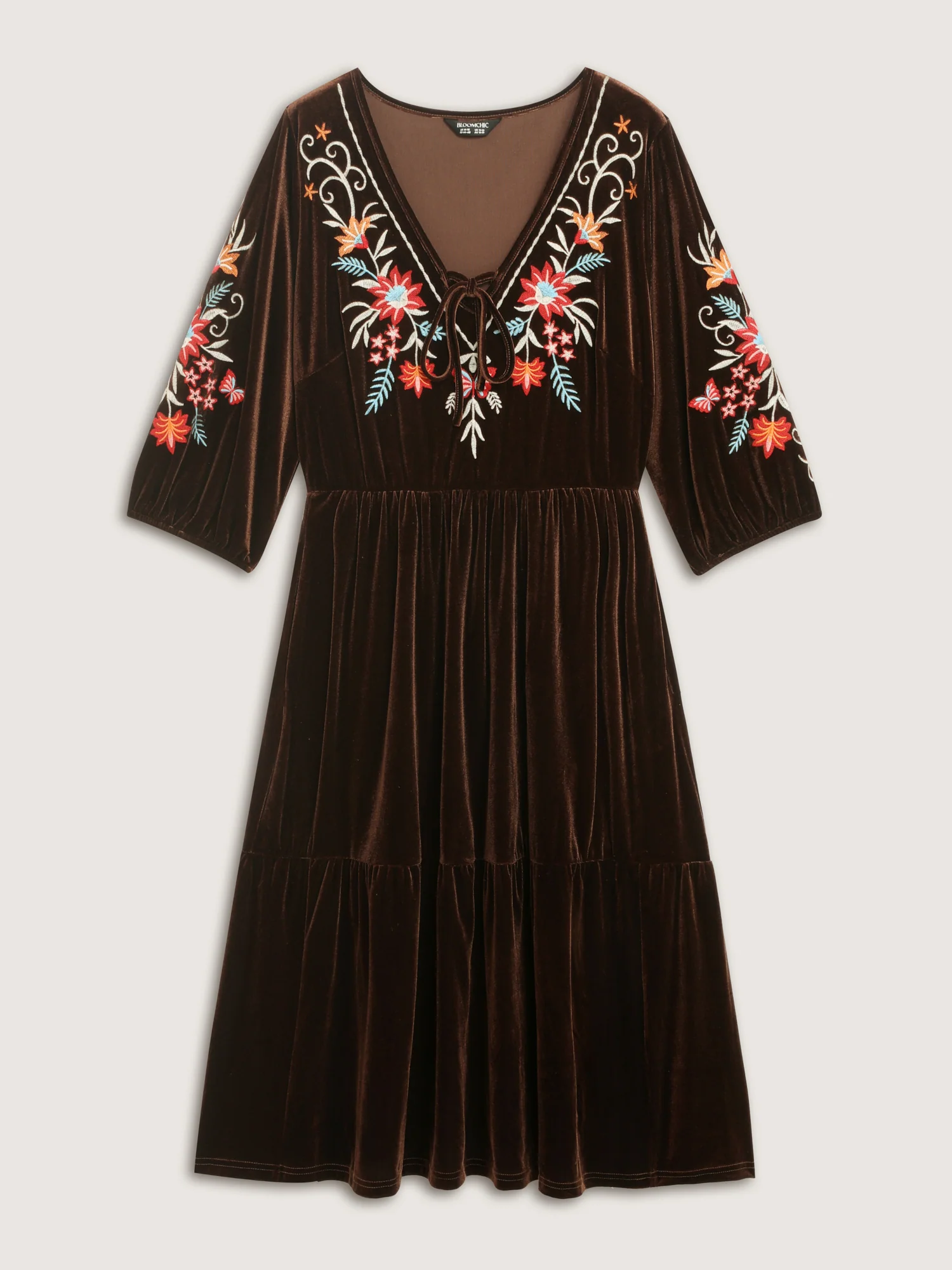 Floral Embroidered Stretchy Waist Pockets Midi Dress - Image 7