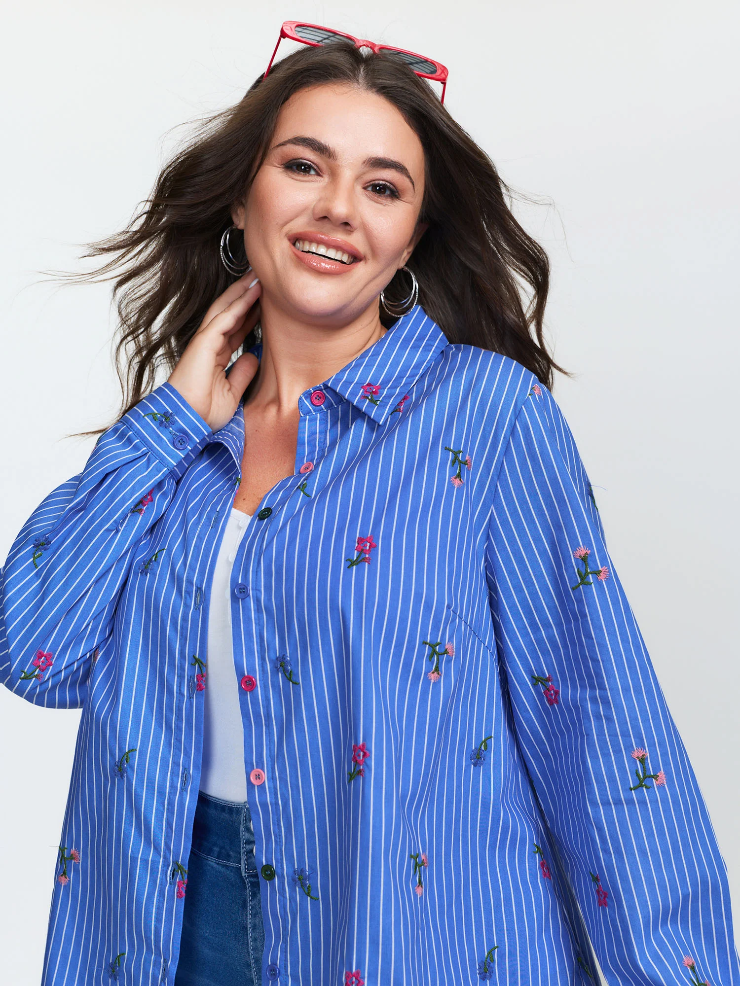 Cotton Floral Embroidered Striped Button-Down Shirt - Image 3