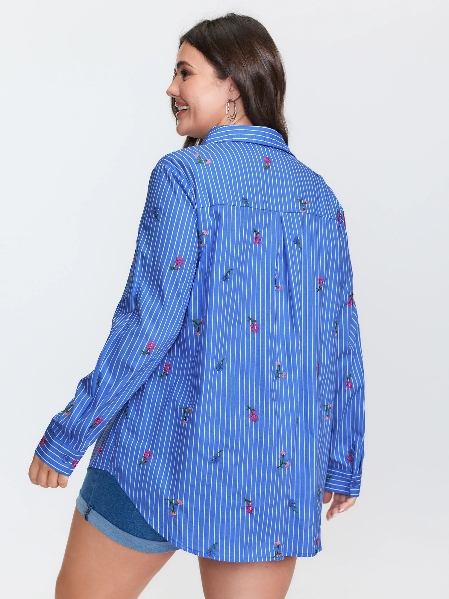 Cotton Floral Embroidered Striped Button-Down Shirt - Image 4
