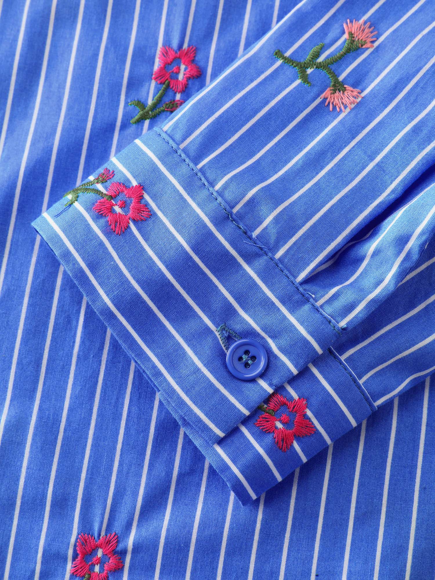 Cotton Floral Embroidered Striped Button-Down Shirt - Image 6