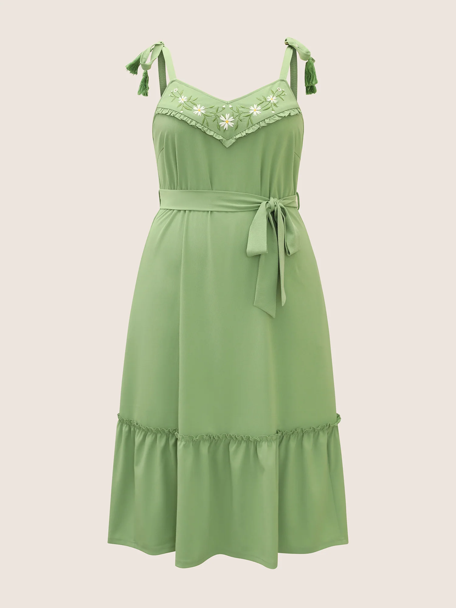 Floral Embroidered Tassel Pleated Frill Trim Dress - Image 7