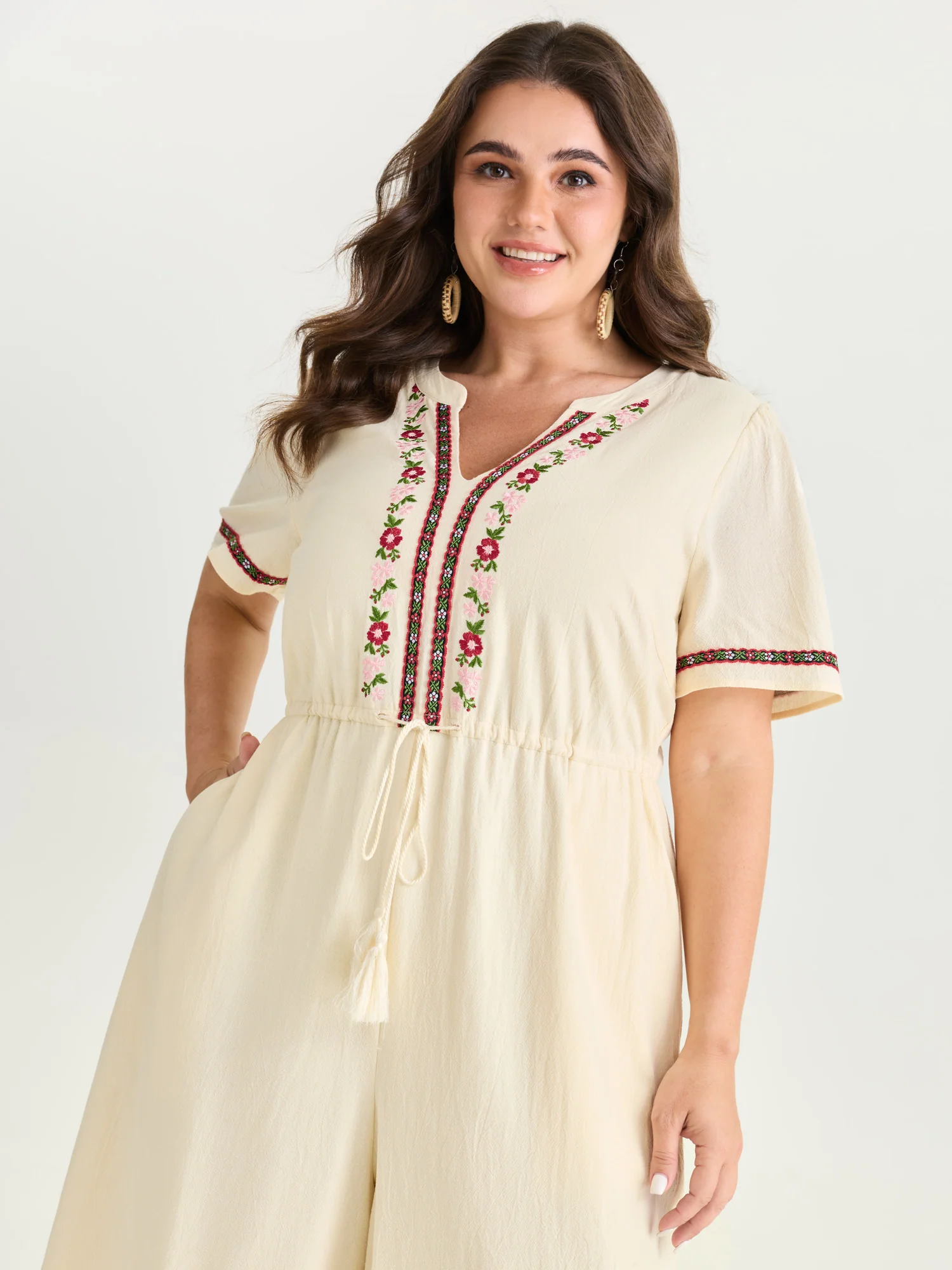 Cotton Floral Embroidered Tassel Waist Jumpsuit - Image 2