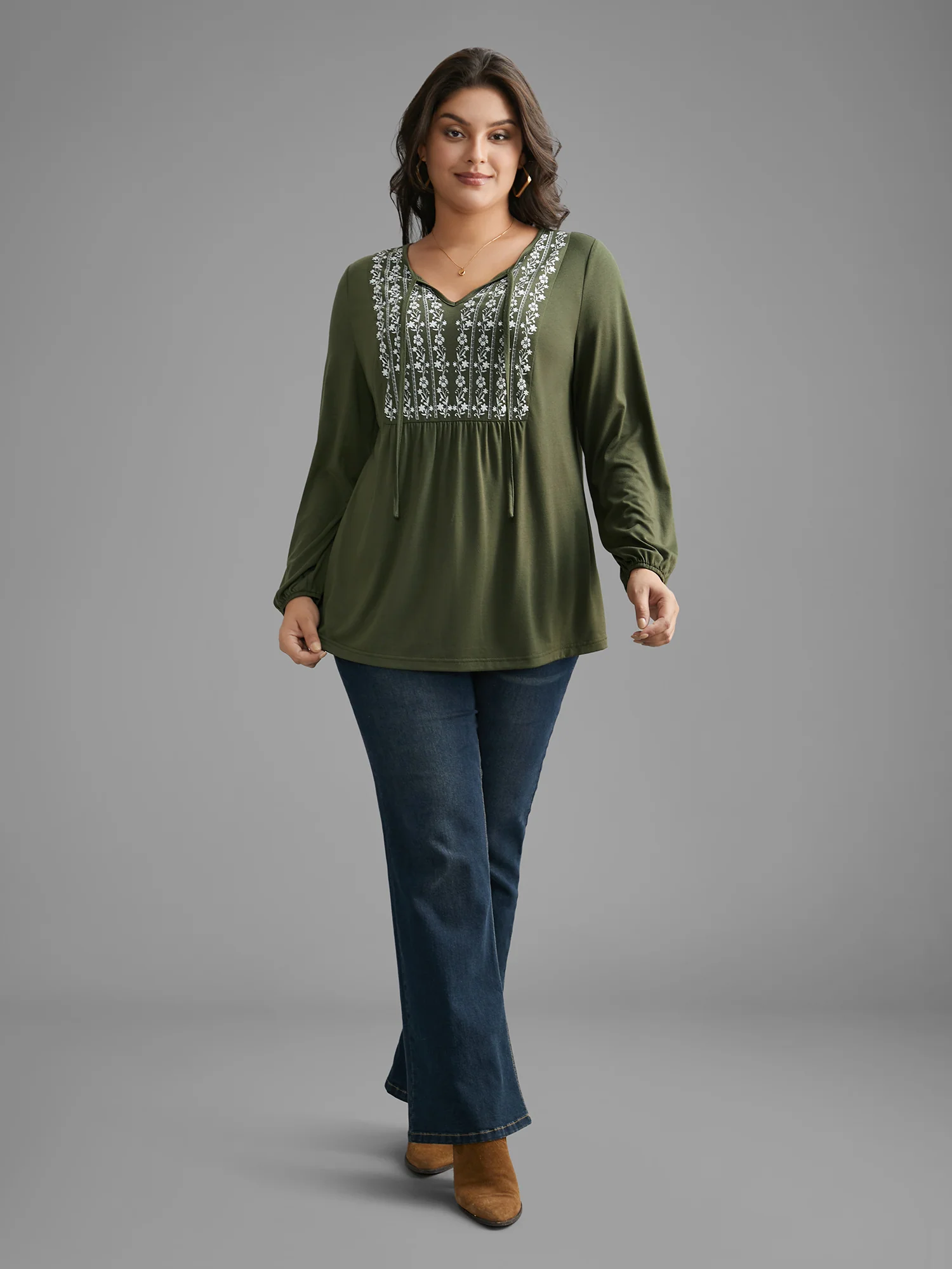 Floral Embroidered Tie Knot Gathered Jersey Top - Image 2