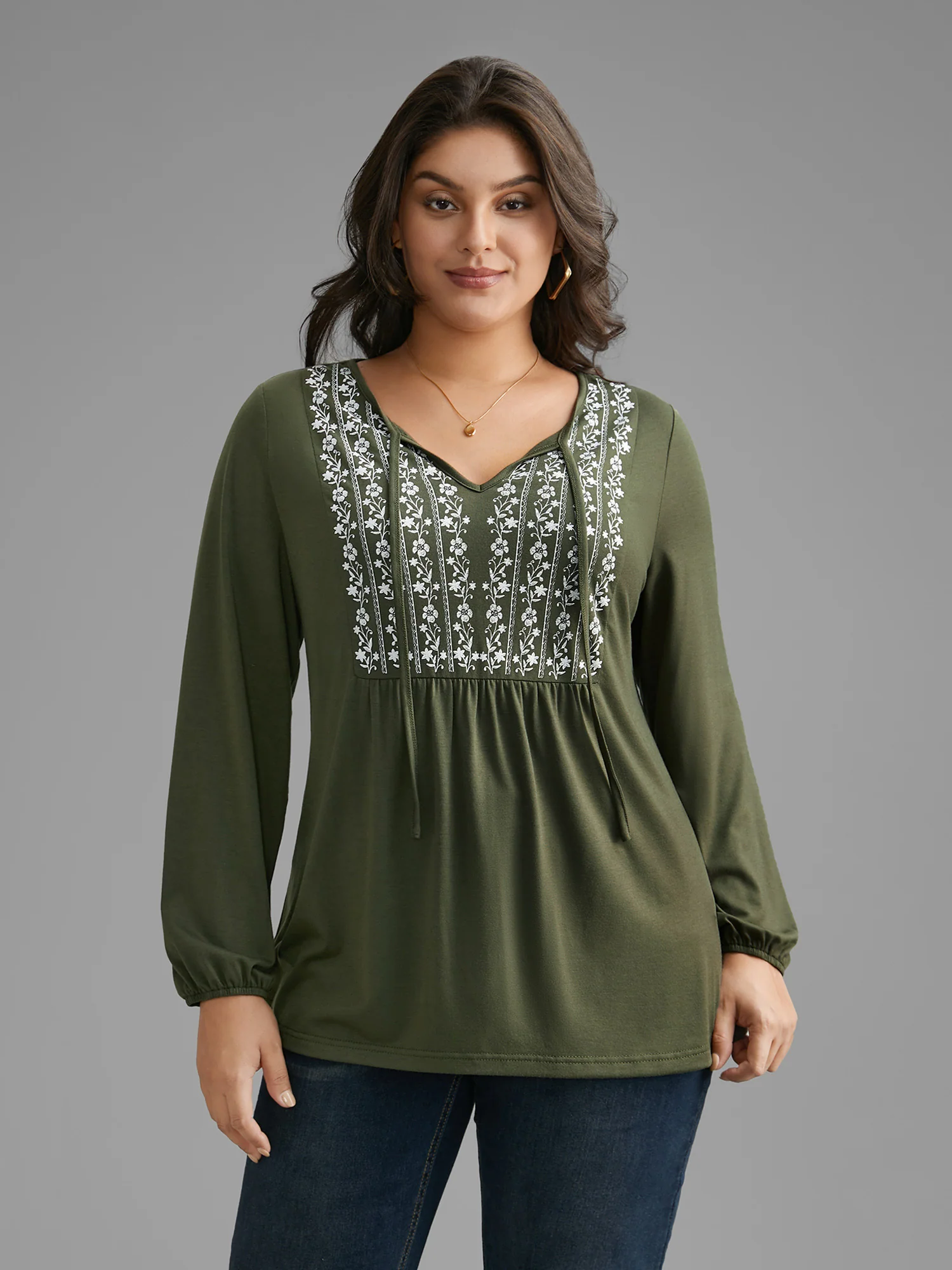 Floral Embroidered Tie Knot Gathered Jersey Top - Image 4