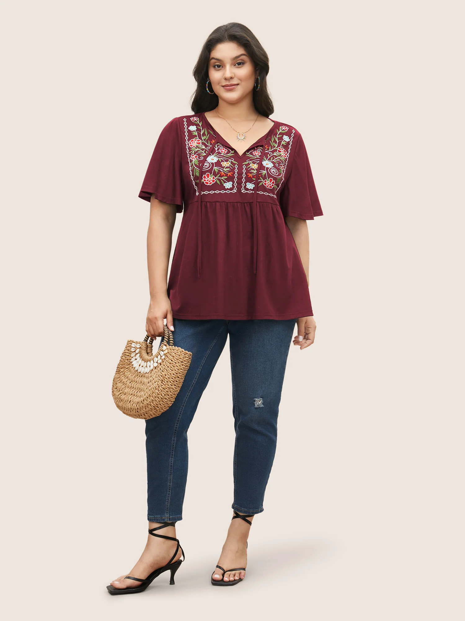 Floral Embroidered Tie Knot Gathered T-shirt - Image 2
