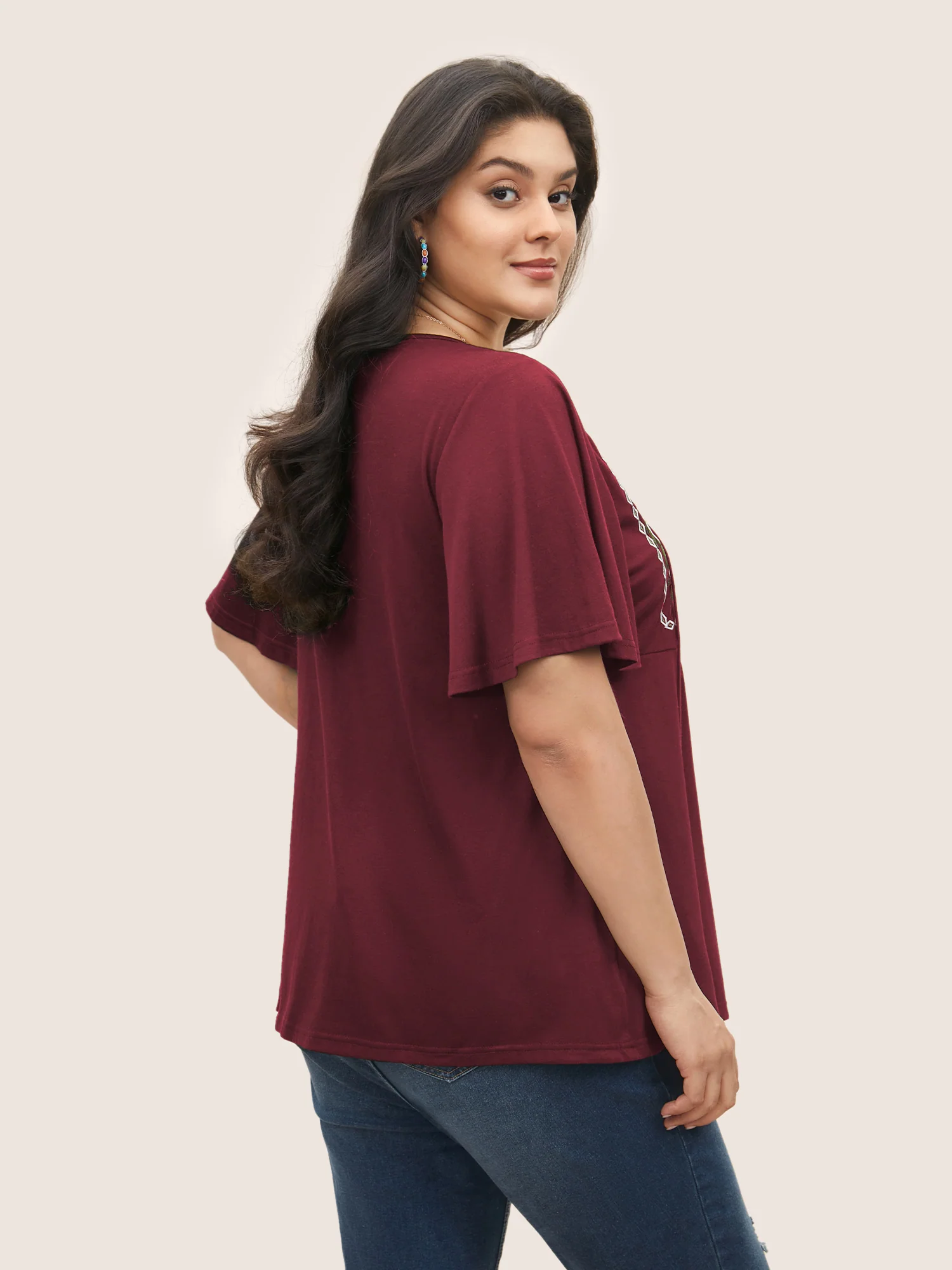 Floral Embroidered Tie Knot Gathered T-shirt - Image 4