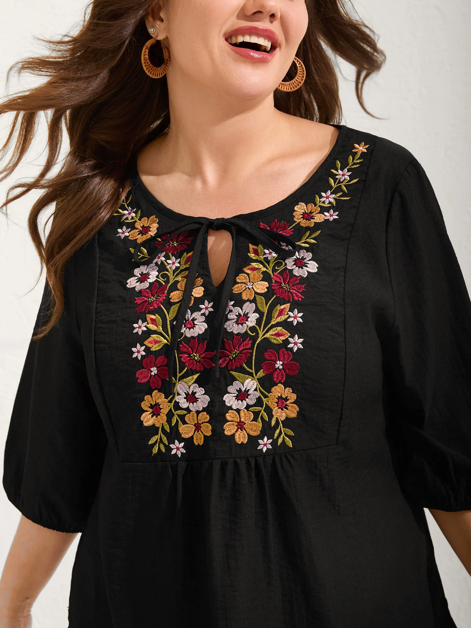 Floral Embroidered Tie Knot Lantern Sleeve Blouse - Image 2