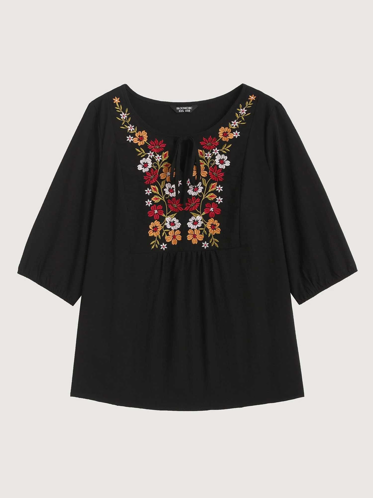 Floral Embroidered Tie Knot Lantern Sleeve Blouse - Image 7