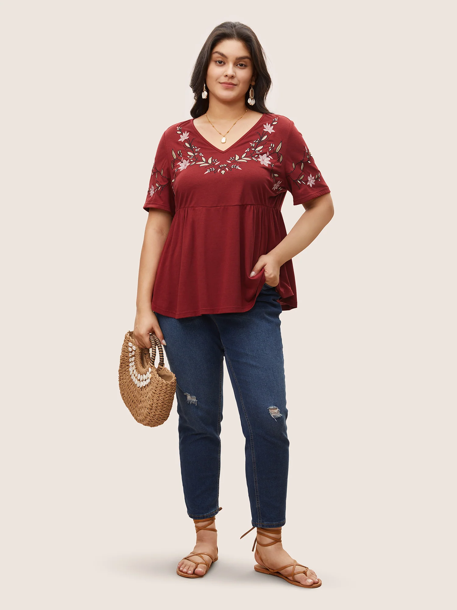 Floral Embroidered V Neck Gathered T-shirt - Image 3