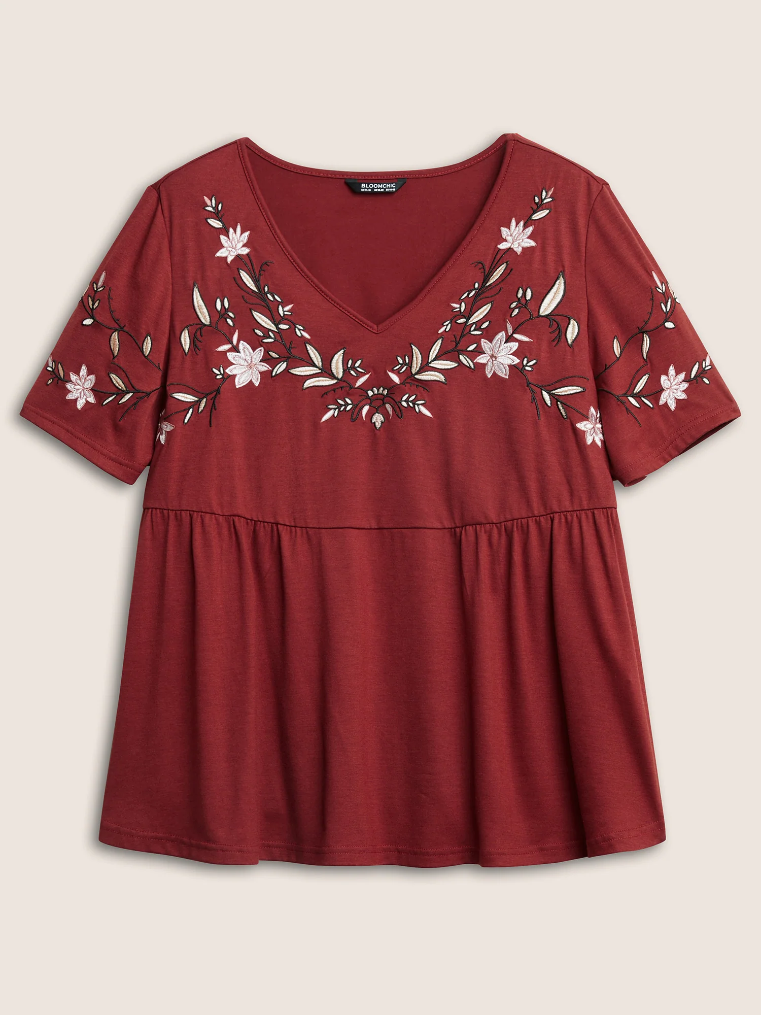 Floral Embroidered V Neck Gathered T-shirt - Image 6