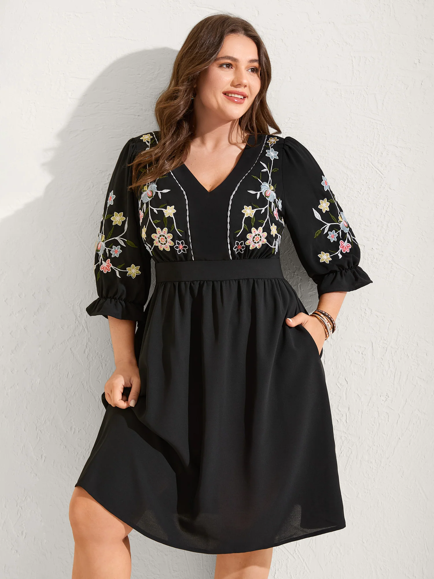 Floral Embroidered V-Neck Pockets Knee Dress - Image 2