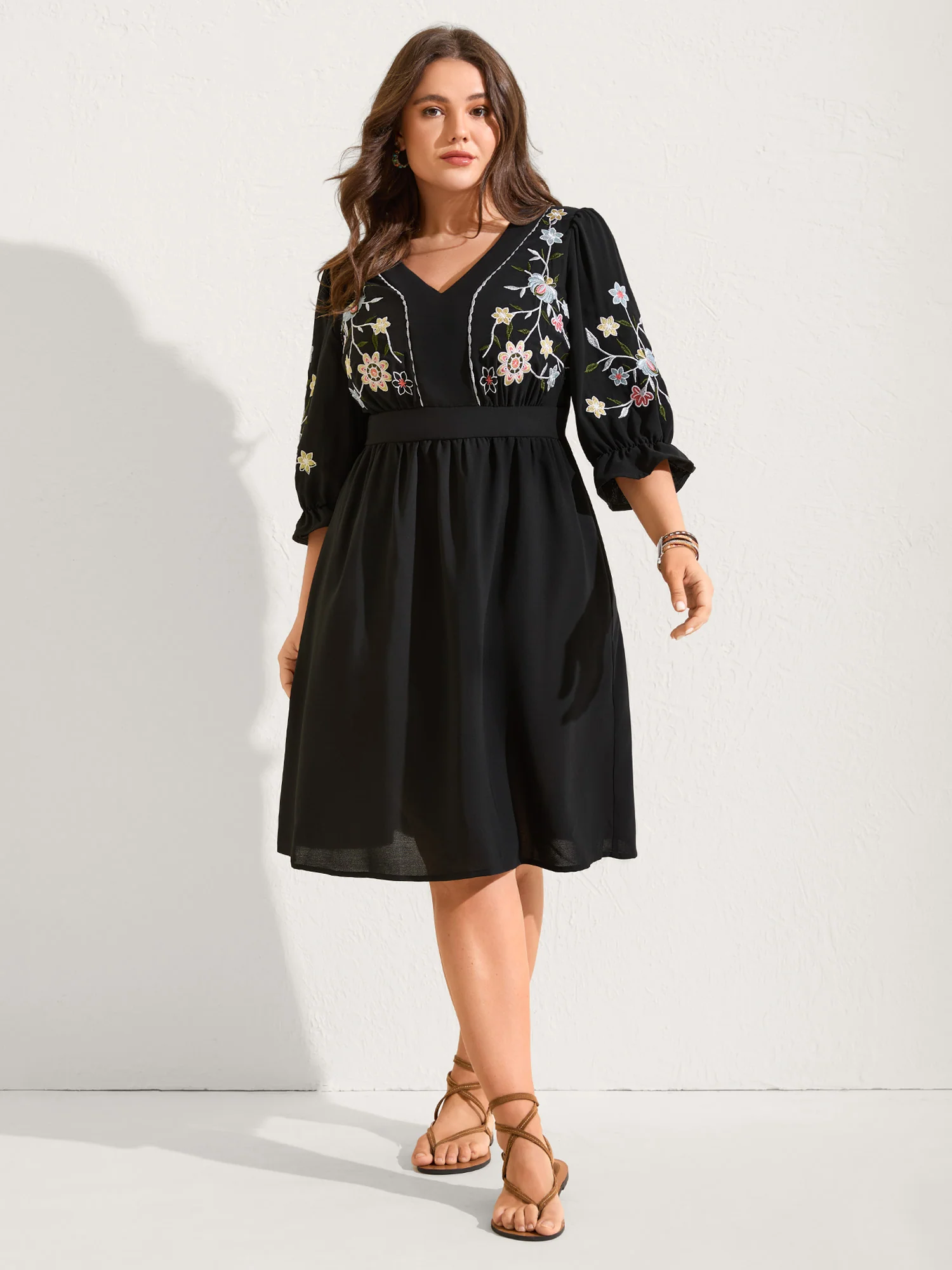 Floral Embroidered V-Neck Pockets Knee Dress - Image 3
