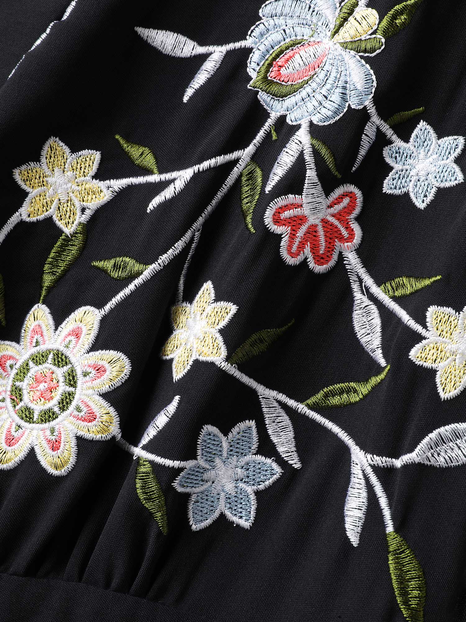 Floral Embroidered V-Neck Pockets Knee Dress - Image 5