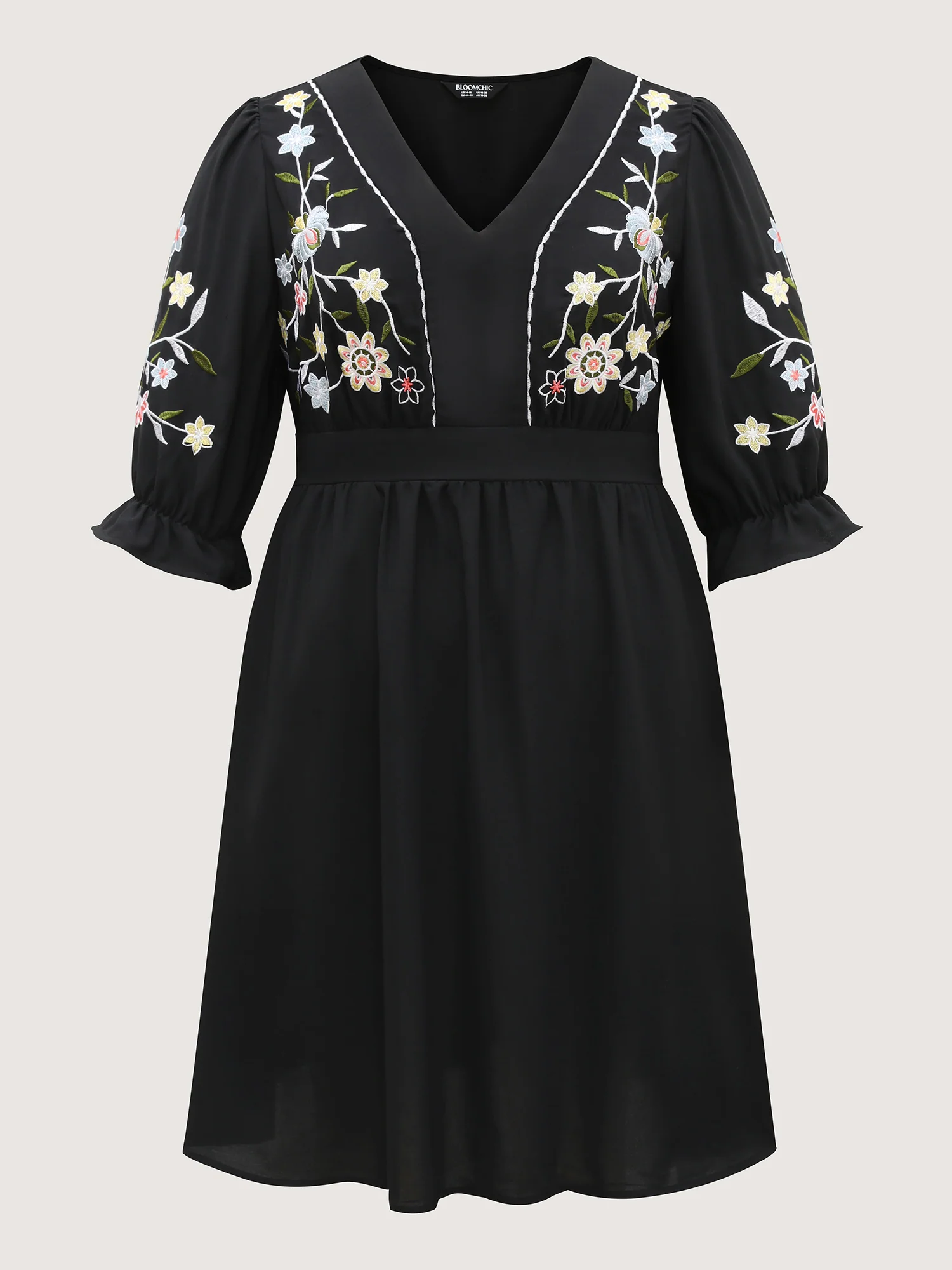 Floral Embroidered V-Neck Pockets Knee Dress - Image 7