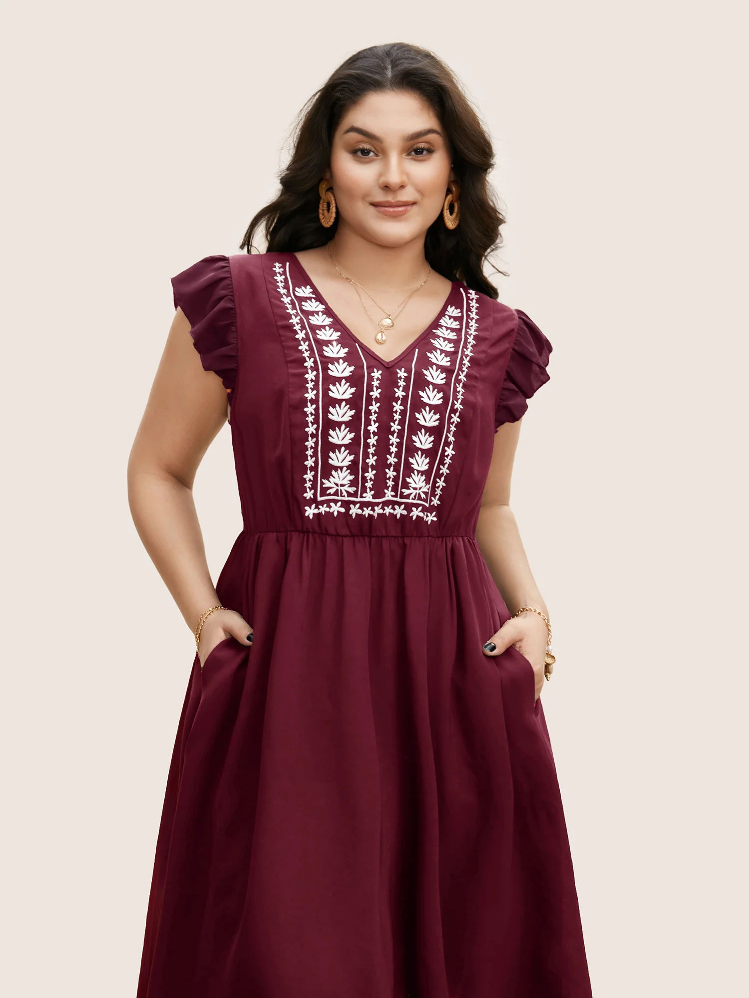 Floral Embroidered V Neck Ruffle Cap Sleeve Dress - Image 10