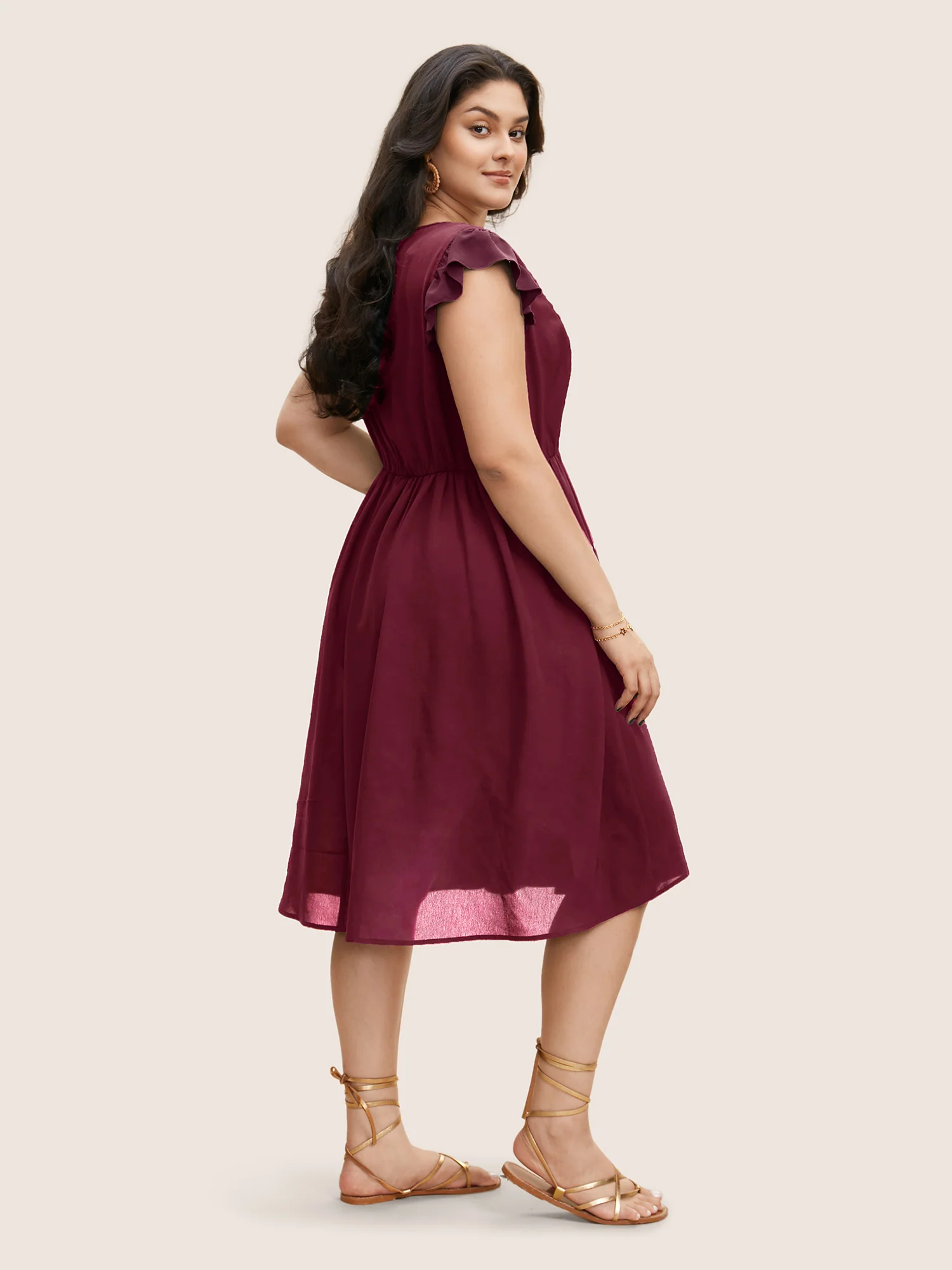 Floral Embroidered V Neck Ruffle Cap Sleeve Dress - Image 11